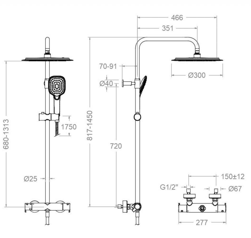Душевая термостатическая система без излива с регулировкой высоты BLAUTHERM 945412Q3RP300GR графит