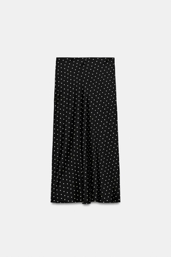ZARA АТЛАСНАЯ ЮБКА МИДИ В ГОРОШЕК, ЧЕРНЫЙ/БЕЛЫЙ