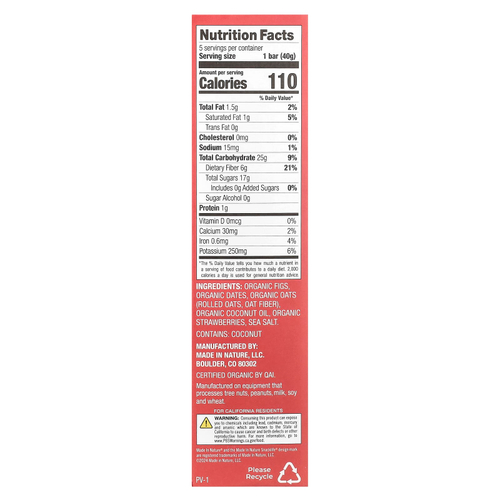 Made in Nature, Fig 'N' Oats®, клубника, 5 батончиков в индивидуальной упаковке, 40 г (1,4 унции) каждый