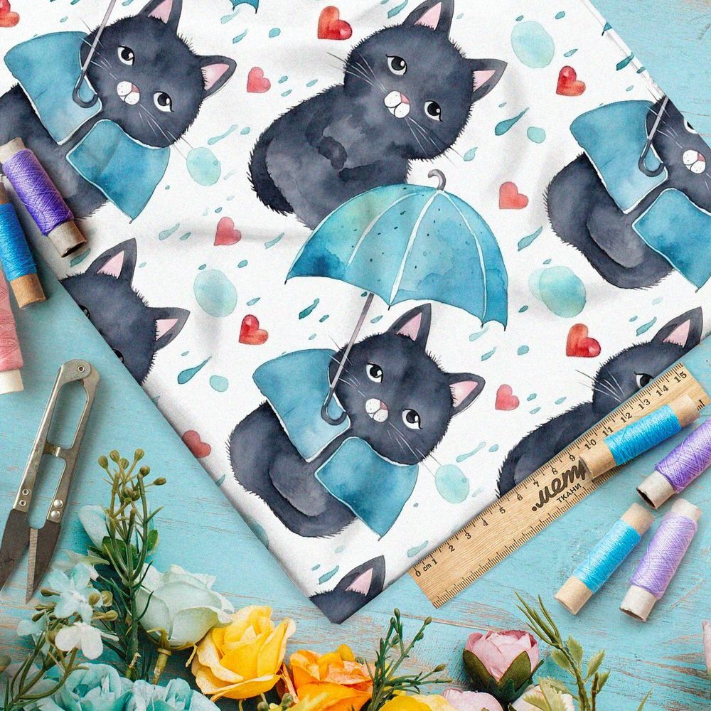 Ткань премиум габардин мультяшные коты под дождем