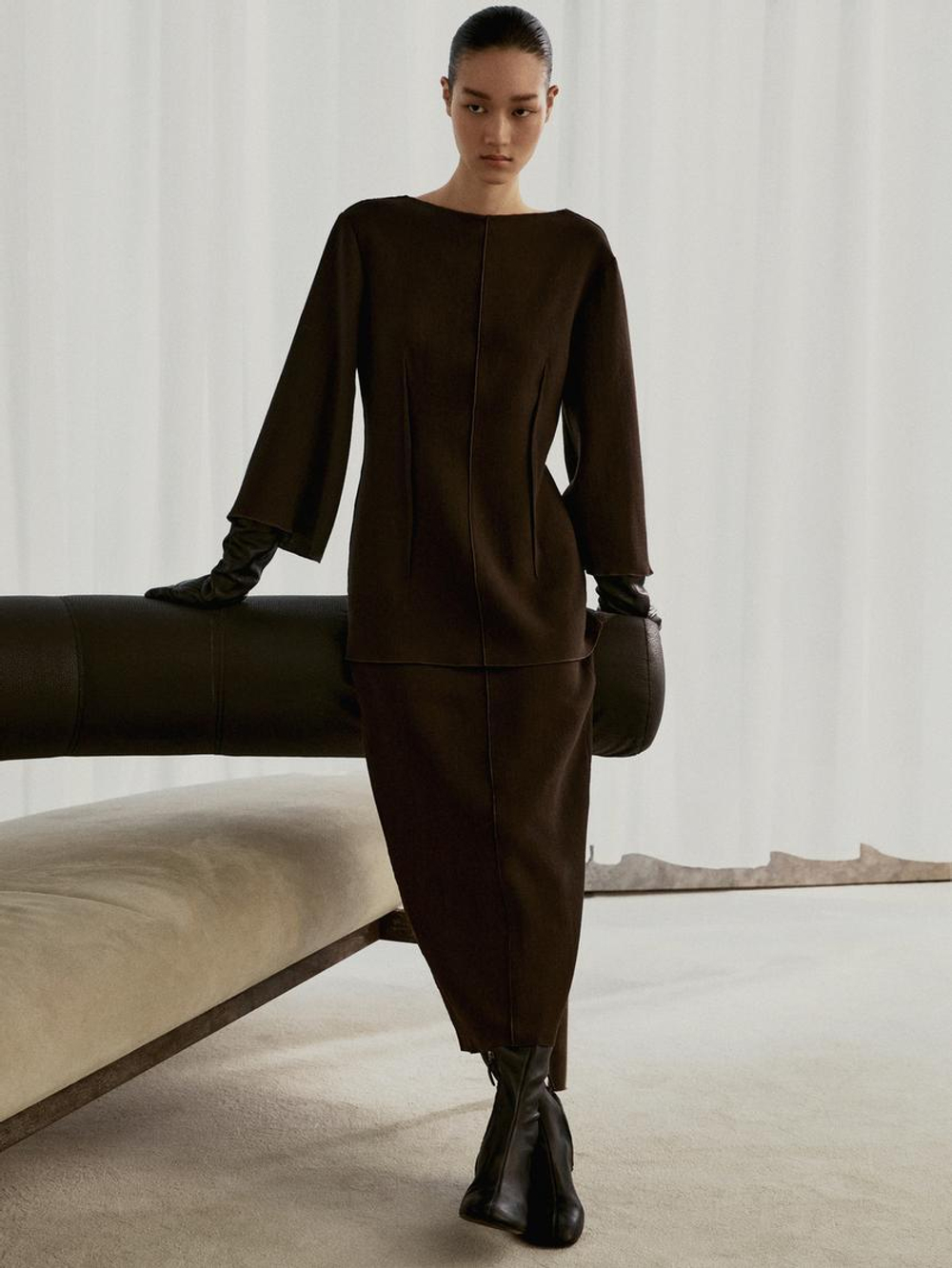 Massimo Dutti Плиссированная юбка миди, коричневый