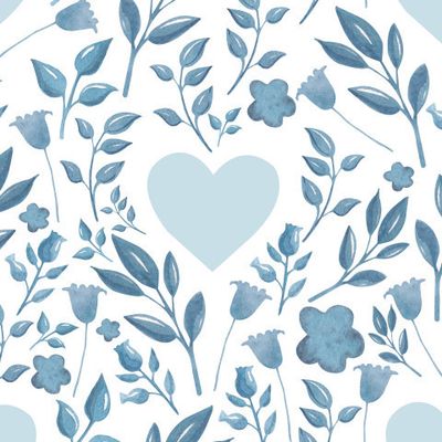 Акварельный узор с синими цветами и сердечками