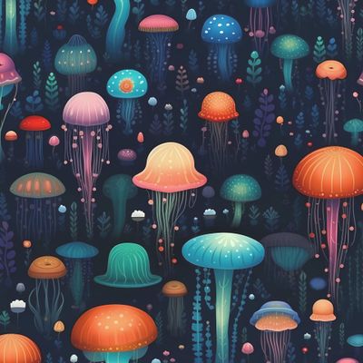 Разноцветные медузы в море. Неон.