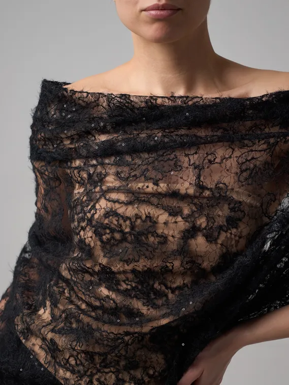 Гипюр кружевной с вышивкой "веревочка" и пайетками, арт.30, Китай, черный