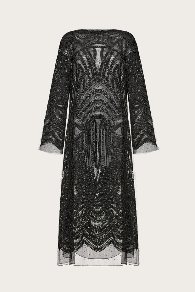 ПЛАТЬЕ ИЗ ЧЕРНОГО КОРДОВОГО КРУЖЕВА, ДЕКОРИРОВАННОЕ ПАЙЕТКАМИ