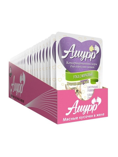 Амурр Влажный корм для взрослых кошек, утка с морковью в желе, 24 шт x 100 г