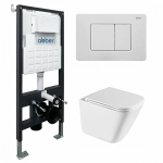 Унитаз подвесной ABBER Rechteck AC1219TC-AC0105-AC0120MW белый/кнопка белая матовая, с крышкой микролифт, с инсталляцией, безободковый, слив-торнадо