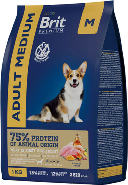 BRIT PREMIUM, Сухой корм с курицей для собак средних пород 10–25кг "Dog Adult Medium", 1кг, 5049943