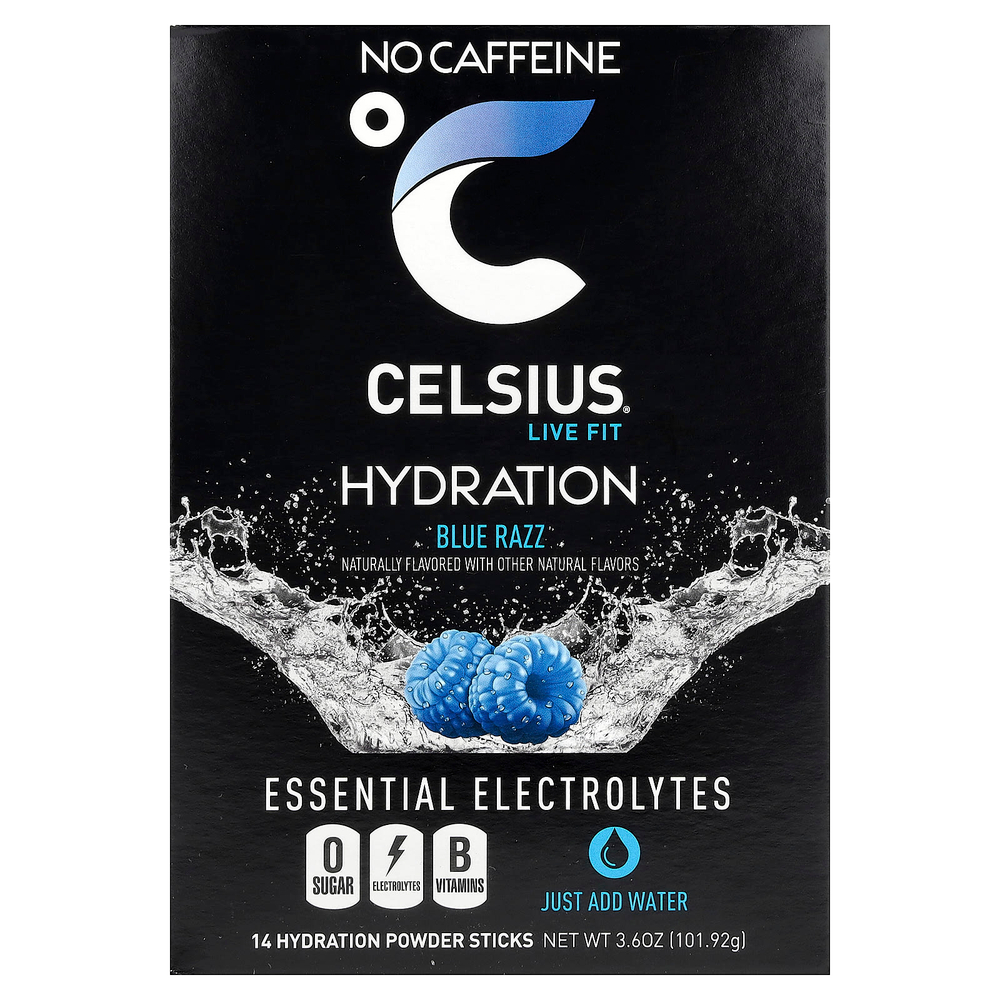 Celsius, Live Fit, увлажнение, незаменимые электролиты, без кофеина, синяя роза, 14 стиков в виде порошка для увлажнения, по 7,28 г (0,26 унции)