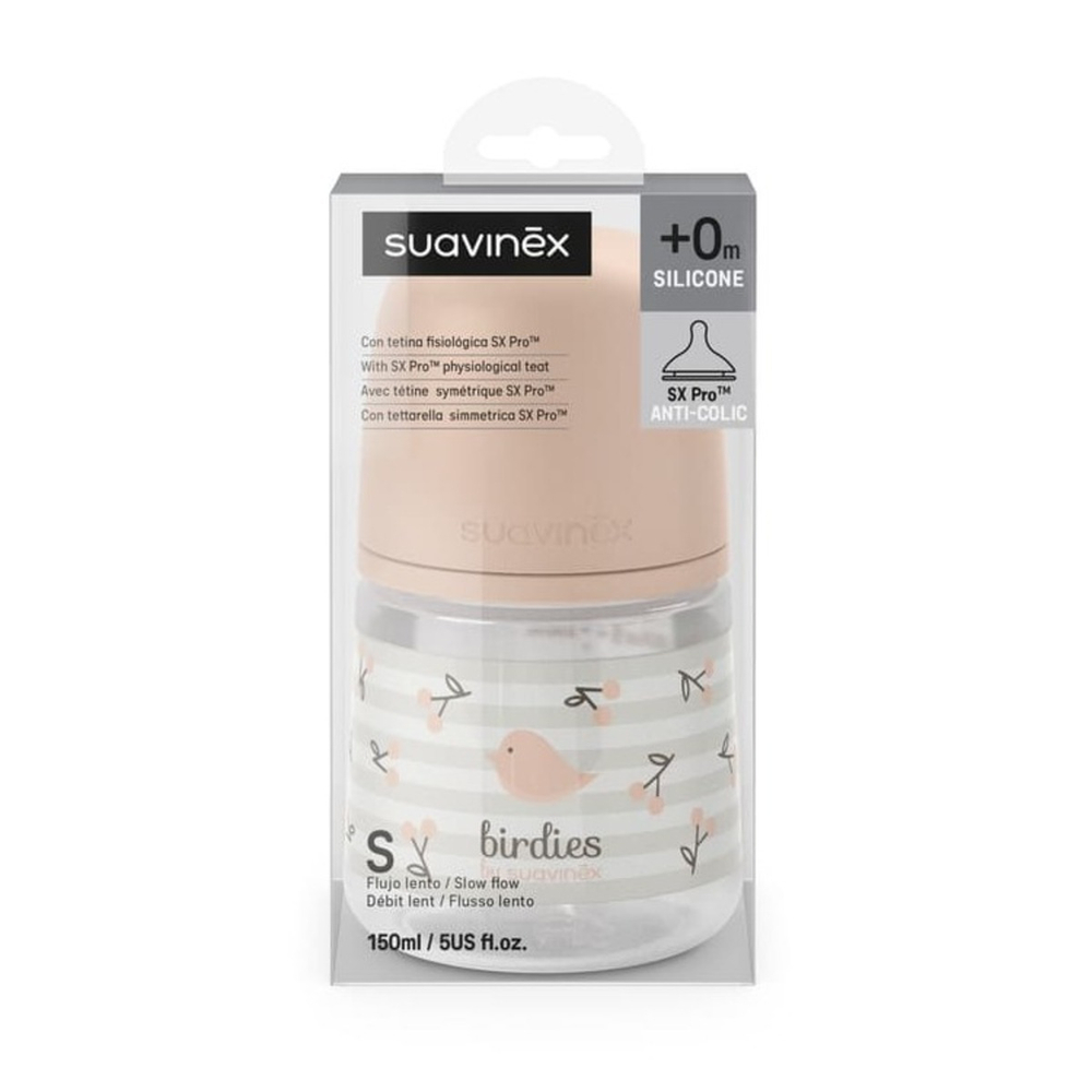 Бутылочка для кормления Suavinex Birdies 150 мл розовая, 0 мес+