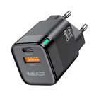 Зарядное устройство WALKER WH-43 GaN, 3А, 33Вт, USB/Type-C, поддержка QC+PD, черное