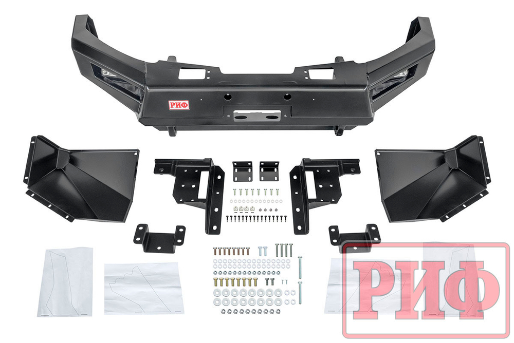 Бампер силовой передний Mitsubishi Pajero Sport 2015-2020 с доп. фарами (арт. B0205) и защитой бачка омывателя РИФ