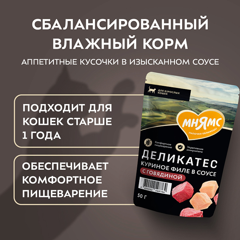 Влажный корм для кошек Деликатес куриное филе с говядиной в соусе Мнямс 50 г 20 шт