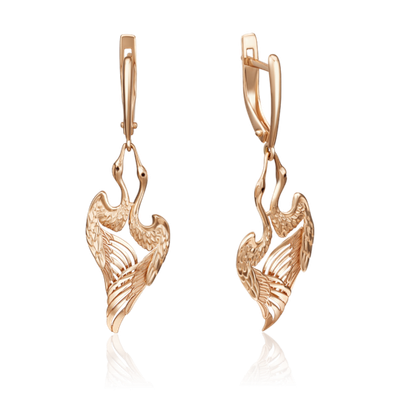 Серьги «Журавли» с английским замком из красного золота с эмалью