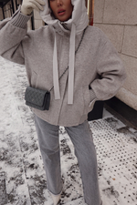 Пуховик средней длины из шерсти с капюшоном