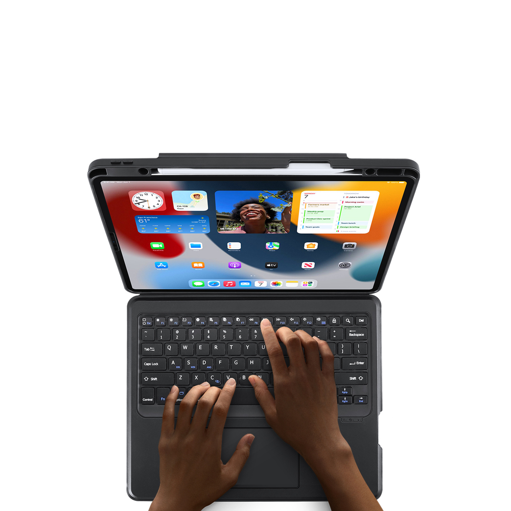 Чехол подставка с клавиатурой (RUS) от Dux Ducis для планшета iPad Air 13 (2024-25) и iPad Pro 12.9 (2018, 2020, 2021, 2022), серия DK Series Keyboard, русская клавиатура с подсветкой