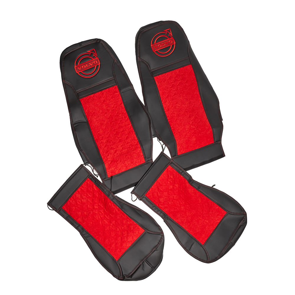 Чехлы VOLVO FH-12 после 2003 года: два высоких сиденья, ремни из сиденья (есть вырезы под ремень) (экокожа, черный, красная вставка)