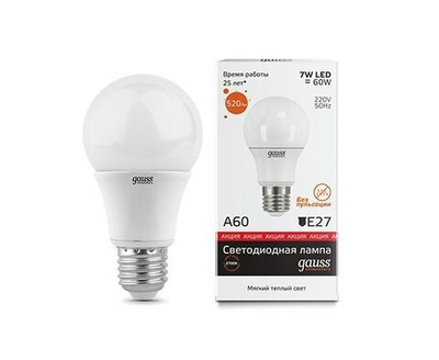 Лампа Gauss Elementary ЛОН A60/A55 E27 7W(520lm) 3000К 2K 110x60 матовая, пластик/алюминий 23217А - 10 штук