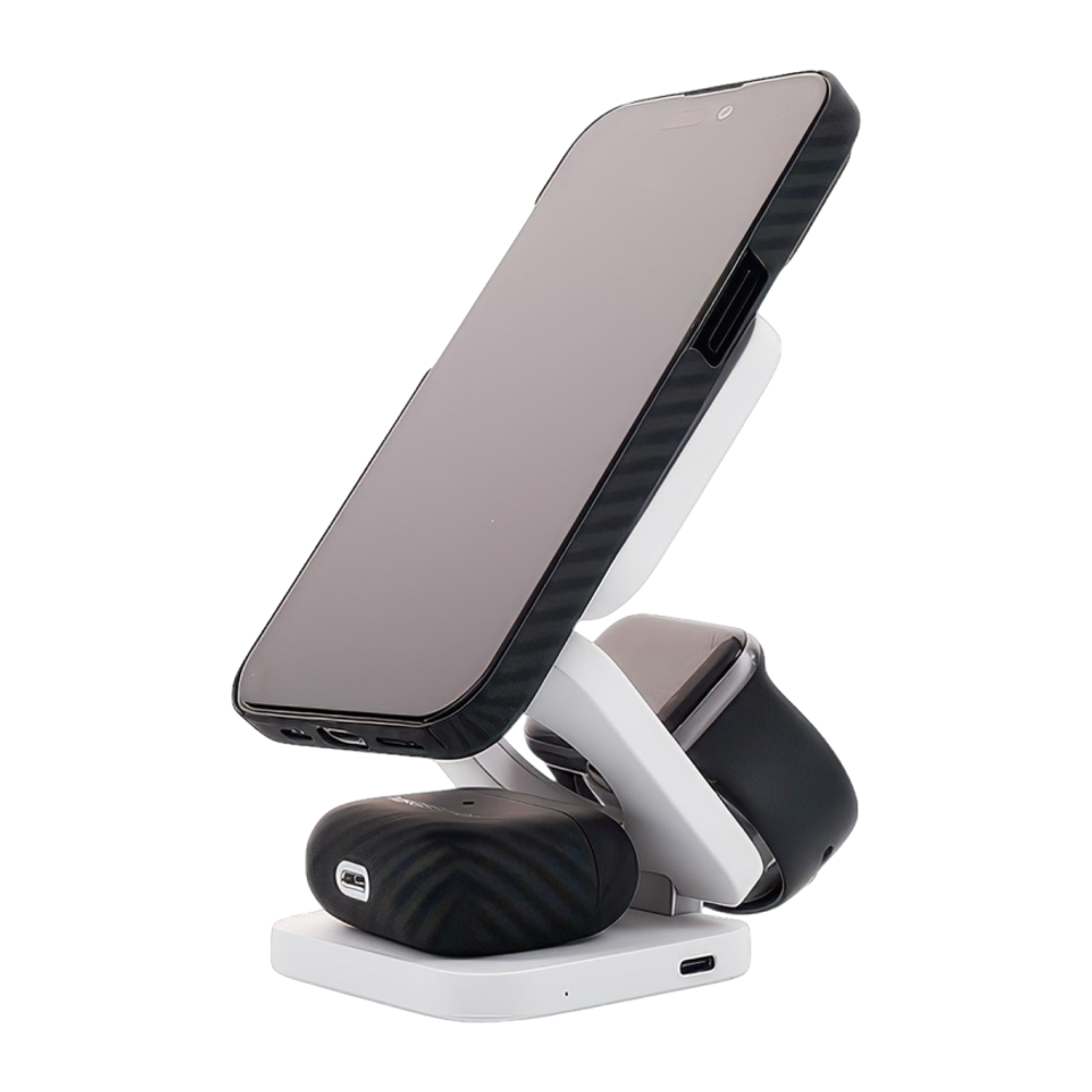 Складная зарядная станция MagSafe Magssory Flex для iPhone, Apple Watch и AirPods Беспроводная зарядка: Qi 15 Вт, Qi 5 Вт, магнитное крепление для зарядки Apple Watch (Qi 2 Вт). Проводная зарядка: нет. Отсутствует LED-индикация