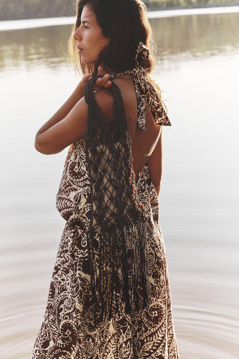 ZARA СУМКА-МЕШОК С БИСЕРОМ, КОРИЧНЕВЫЙ