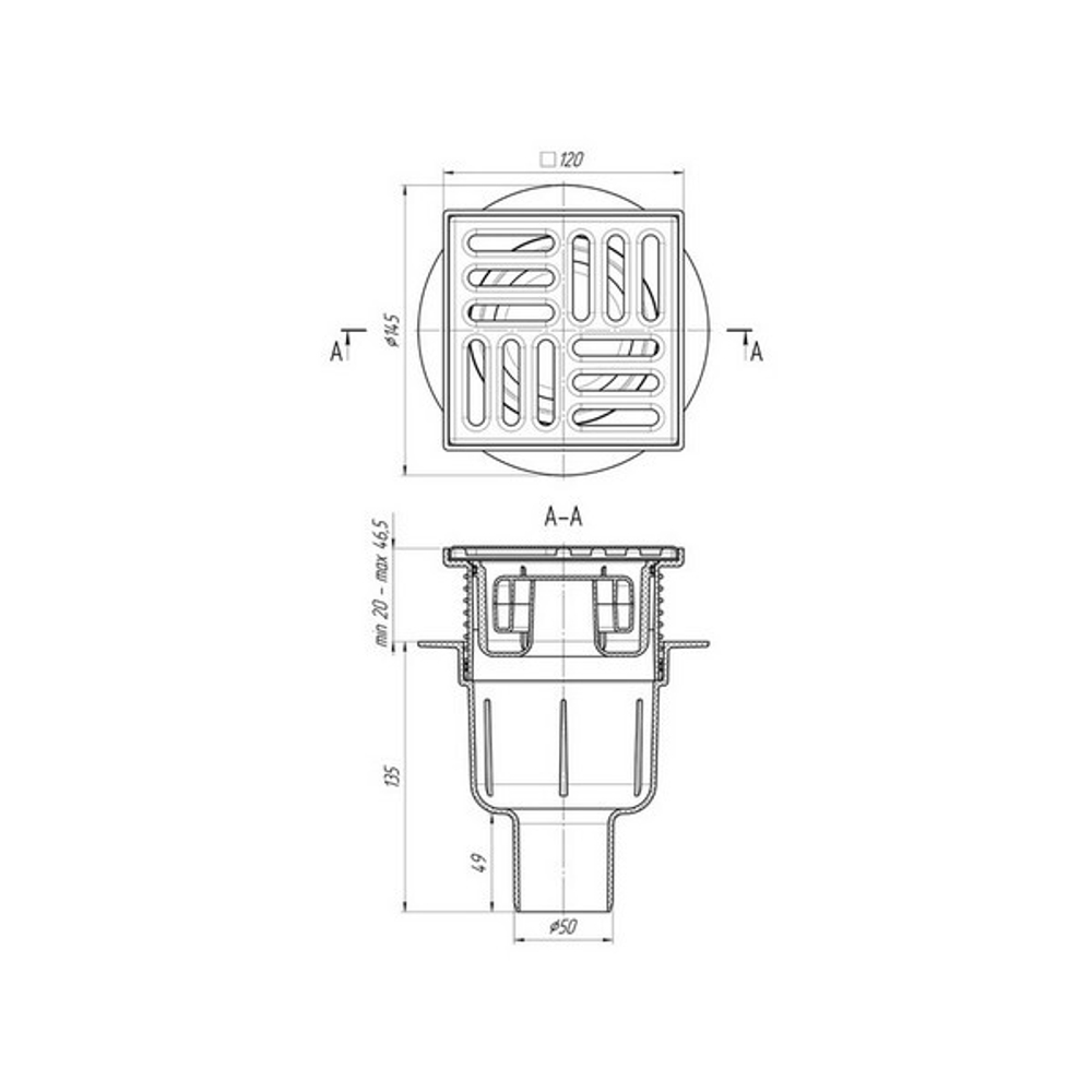 50 трап с вертик. спуском, рег решетка 120х120 нерж, СУХОЙ АНИ пласт TQ5714