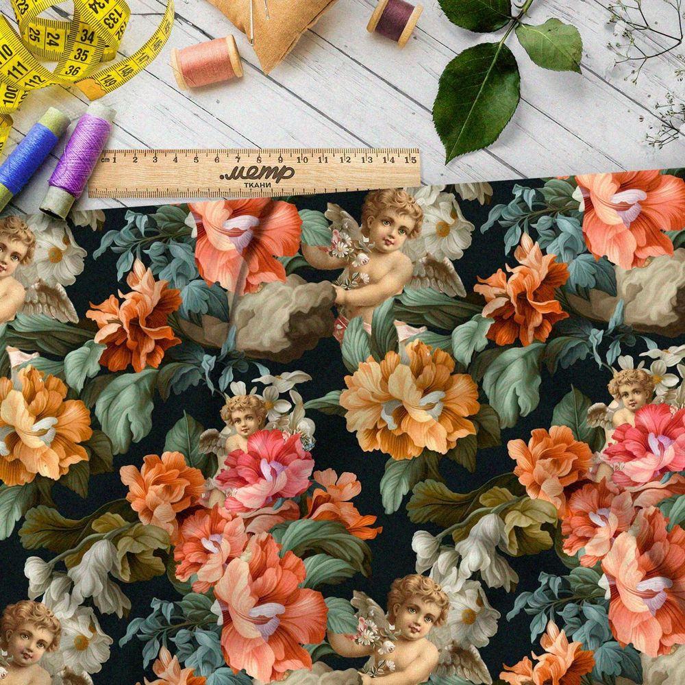 Ткань премиум интерлок ангелы в цветах