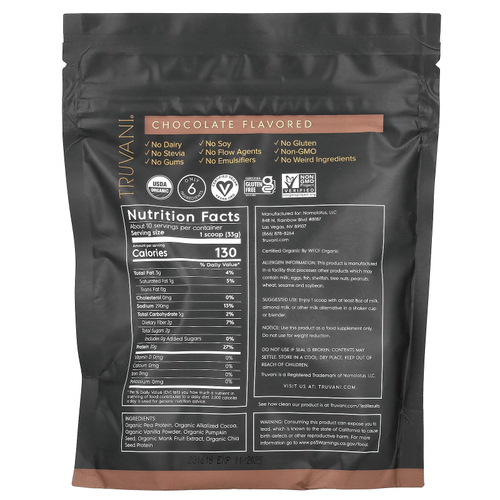 Truvani, Растительный протеин, шоколад, 335 г (0,74 фунта)