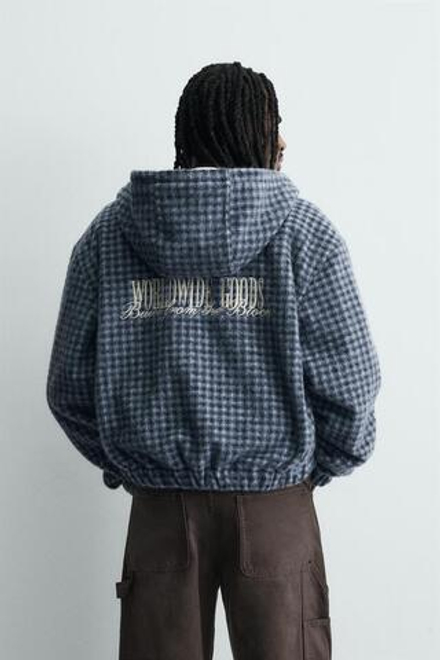 ZARA КУРТКА-РУБАШКА В КЛЕТКУ С ВЫШИВКОЙ И КАПЮШОНОМ, СИНИЙ/ЧЕРНЫЙ