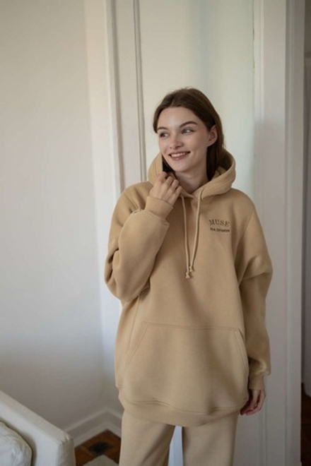 Худи оверсайз премиум утепленное c вышивкой для беременных и кормящих мам, Бежевый