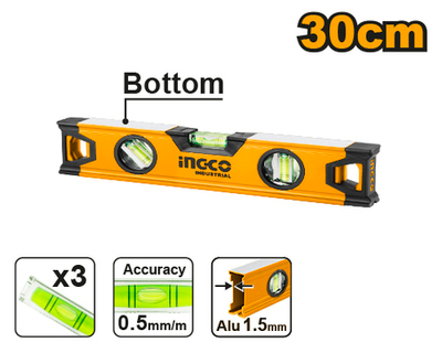 Алюминиевый фрезерованный уровень 300 мм INGCO HSL08030 INDUSTRIAL