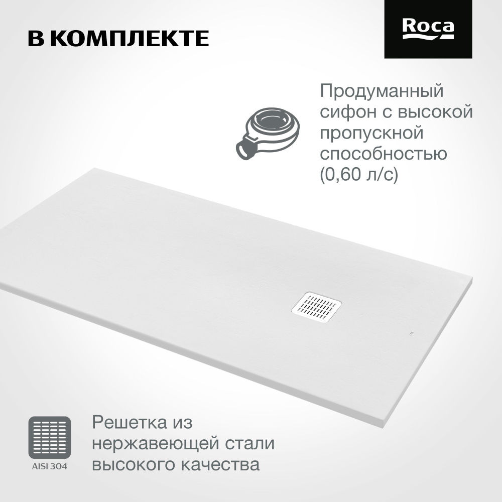 Душевой поддон Roca Terran 1600x800 белый, с сифоном и решеткой, AP10164032001100