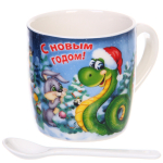 Кружка керамическая 200мл «Змейка в колпачке» с ложкой в подарочной коробке
