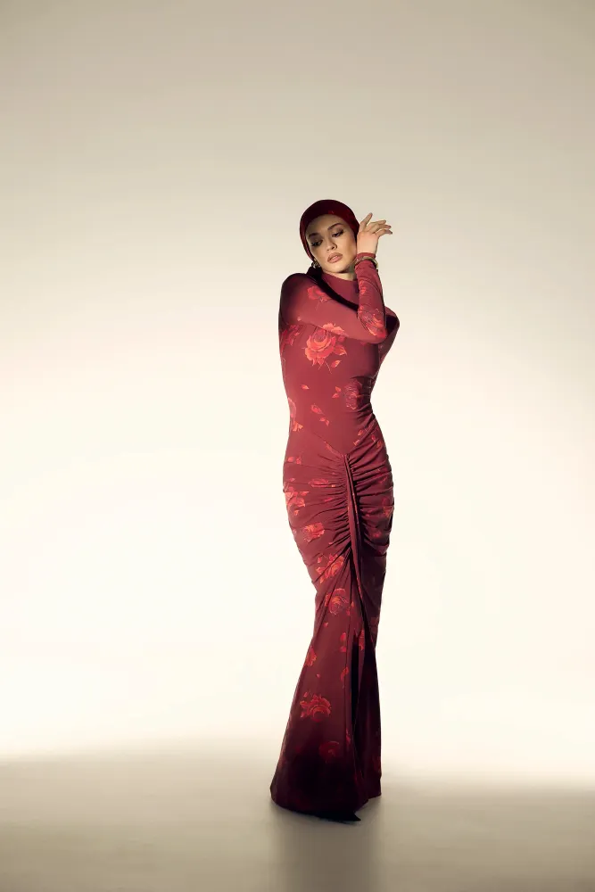 Иви макси (Ivy sleeves), платье макси из бордового бифлекса с цветочным принтом