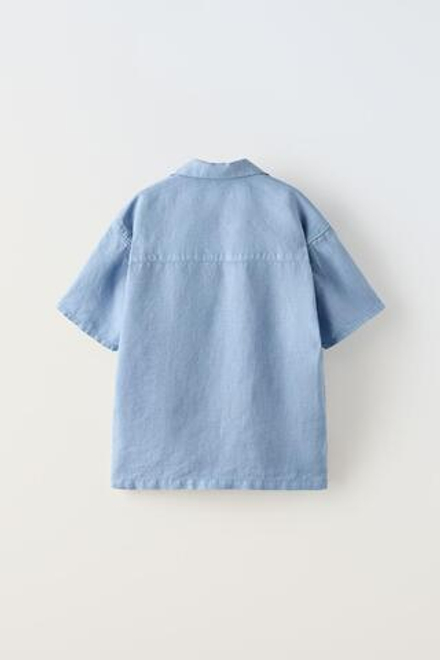 ZARA ЛЬНЯНАЯ РУБАШКА С КАРМАНАМИ, ГОЛУБОЙ