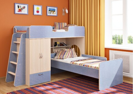 Кровать-чердак КарИВи Л-3.4  Дуб Молочный Светло-синий, голубой
