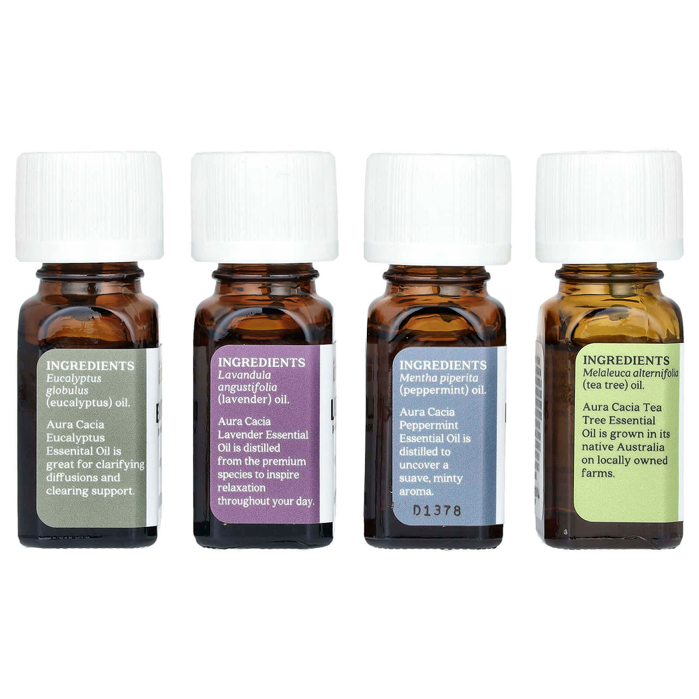 Aura Cacia, Откройте для себя комплект эфирных масел, 4 флакона, 0,25 унций (7,4 мл) каждый.