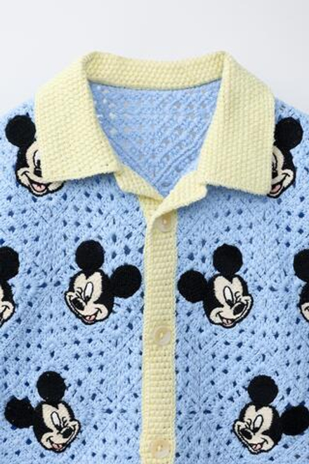 ZARA РУБАШКА-ПОЛО ИЗ ВЯЗАНОГО КРЮЧКОМ ПОЛОТНА С ПРИНТОМ MICKEY MOUSE © DISNEY, ГОЛУБОЙ