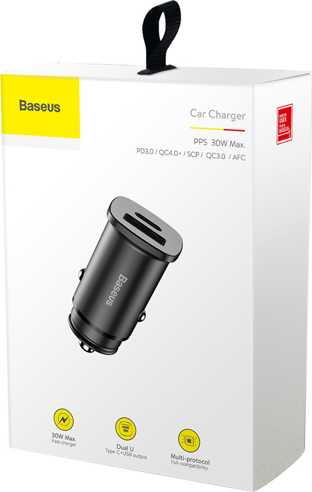 Автомобильное зарядное устройство USB-C+USB 30W 5A Baseus Square metal Black (CCALL-AS01)