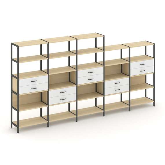 Shelf System Пятисекционный стеллаж пятиярусный с ящиками SN.STM-551 Акация Лорка/Белый/Металл Антра