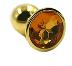 Золотистая алюминиевая анальная пробка с жёлтым кристаллом - 6 см.