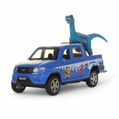 Модель ин. мет. "УАЗ Pickup снежный" 12см.двери, багаж, динозавр, коробка PICKUP-12SNOW-DINO (Технопарк)