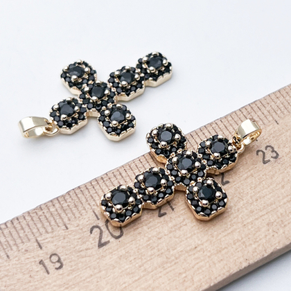 Подвеска Крест, цвет золото, черные фианиты, размер 26*18 мм, цена за 1 шт