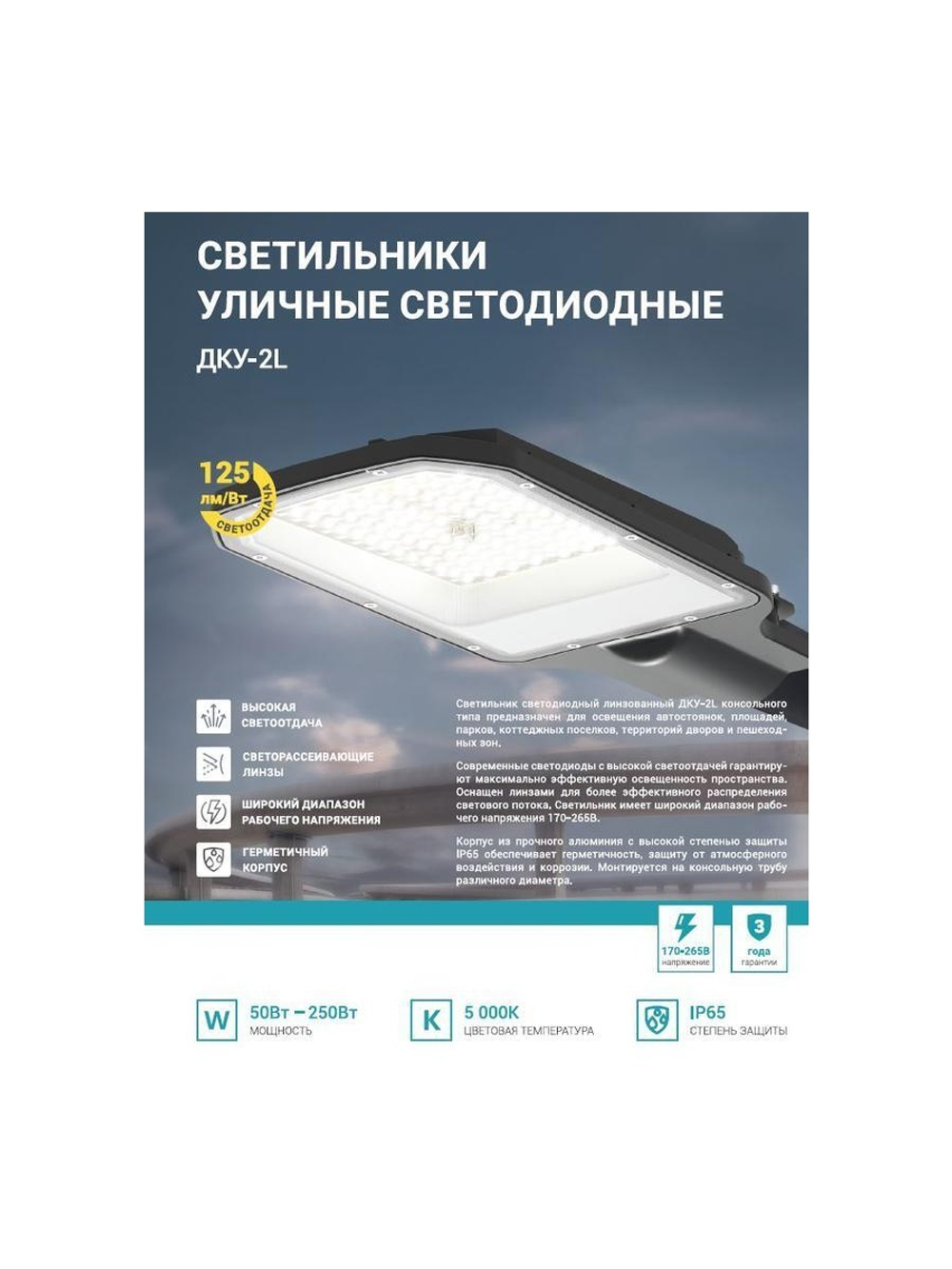 Светильник уличный линзованный светодиодный ДКУ-2L 70Вт 230В 5000К 8750лм 125лм/Вт 42-48мм IP65 NEOX 4690612057088
