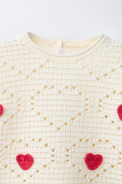 ZARA СВИТЕР ИЗ КРУЖЕВА КРОШЕ С УЗОРОМ «СЕРДЦА», ЭКРЮ