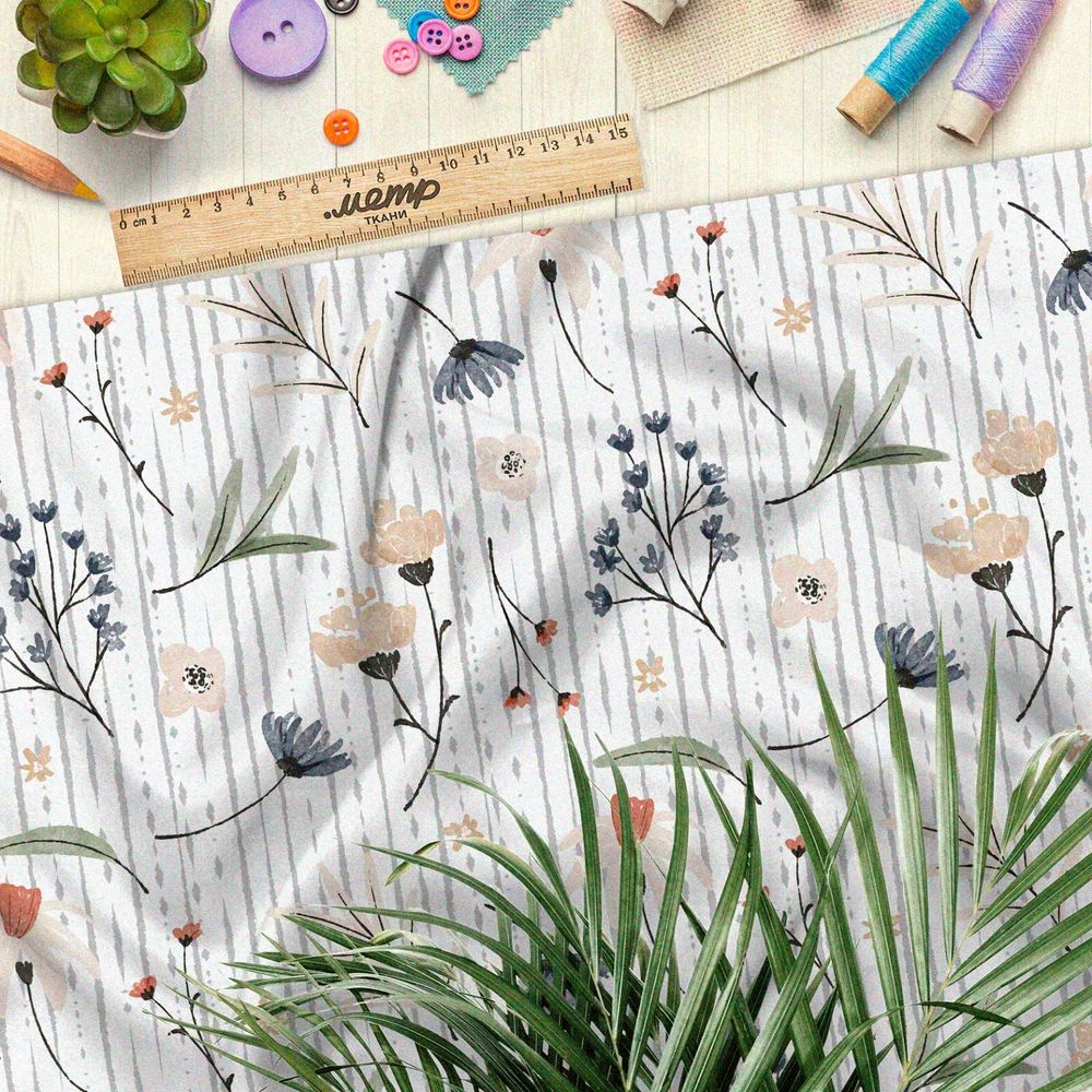 Ткань бифлекс акварельные цветы на белом фоне в полоску