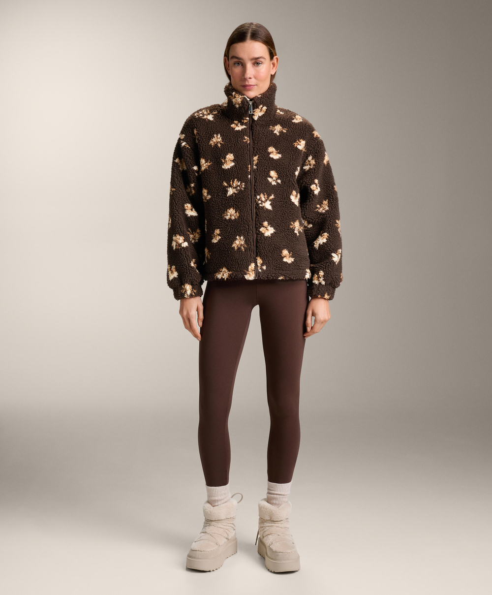 Oysho Куртка из искусственной овчины с цветочным принтом, коричневый