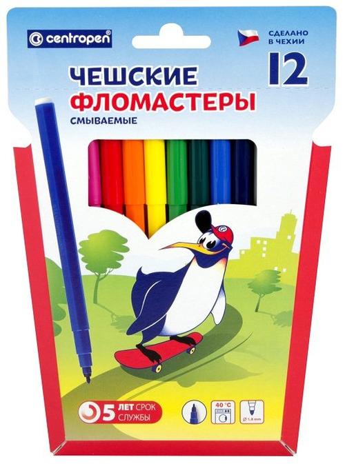 Фломастеры Centropen "Пингвины", 12цв., смываемые, картон, европодвес