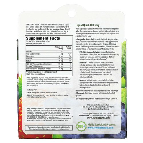 Irwin Naturals, ашваганда, для разума и тела, ягоды и цитрус, 10 тюбиков с жидкостью, 100 мл (3,38 жидк. унции)