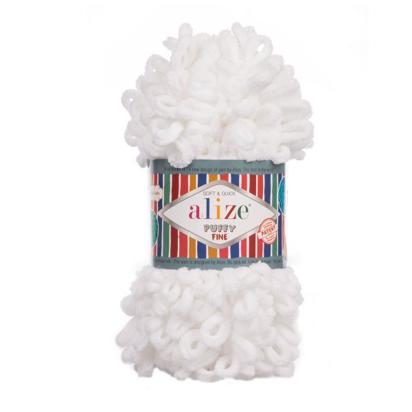 Пряжа Alize (Ализе) Puffy Fine / уп.5 мот. по 100 г, 14м, 055 белый A