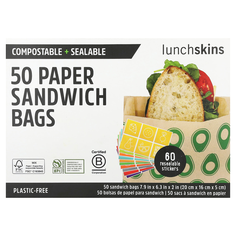 Lunchskins, бумажные пакеты для сэндвичей, со вкусом авокадо, 50 шт.